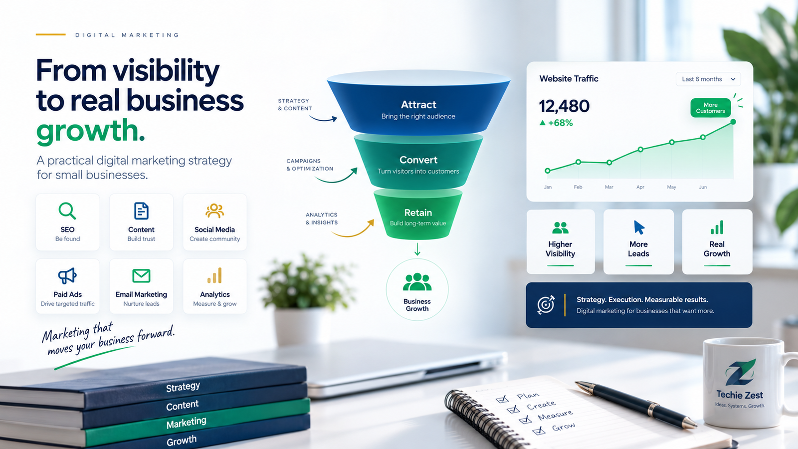 Digital marketing funnel from Attract to Convert to Retain driving business growth, next to a dashboard showing website traffic up 68 percent and outcomes of higher visibility, more leads and real growth.