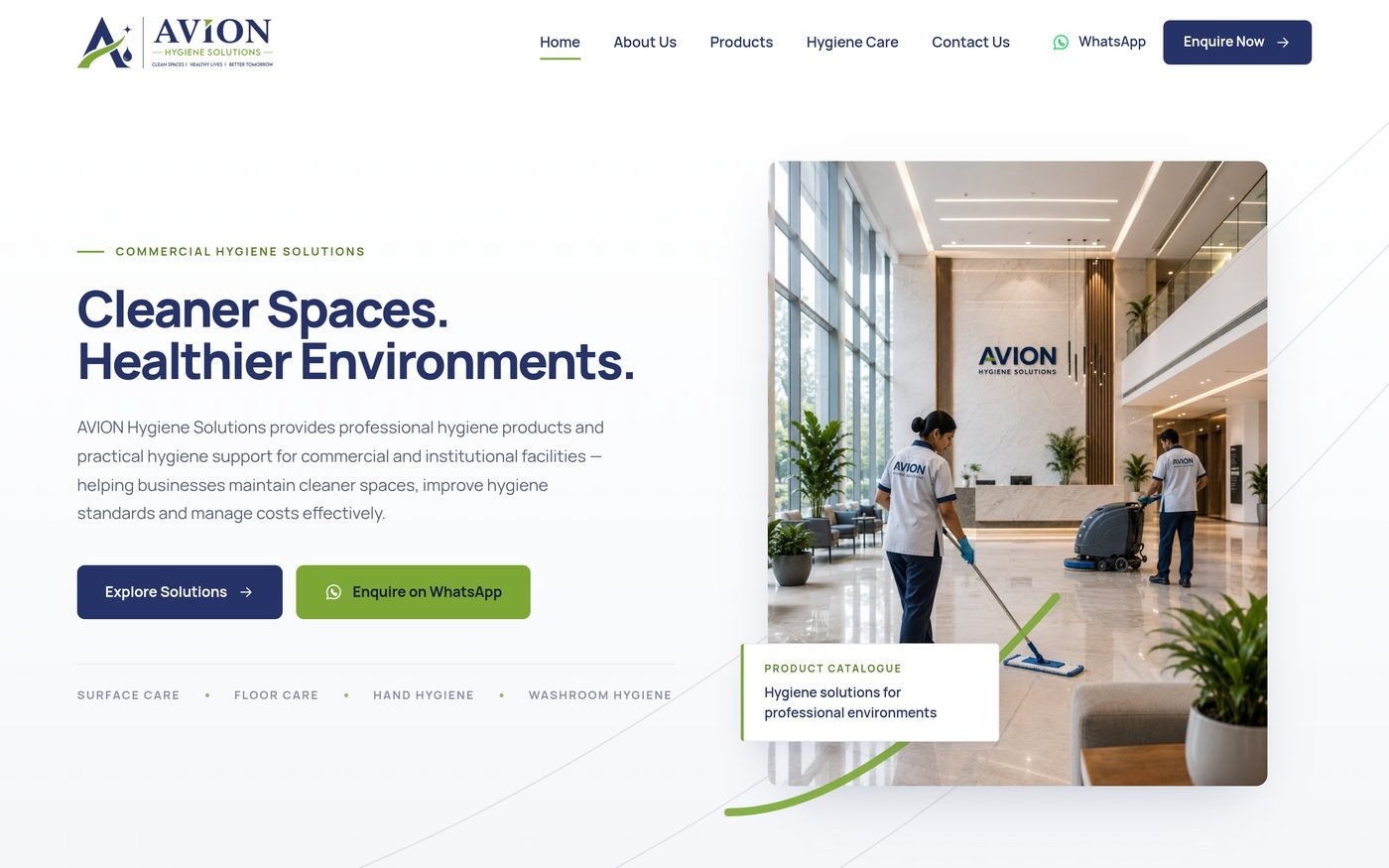 AVION Hygiene Solutions website homepage — “Cleaner Spaces. Healthier Environments.”