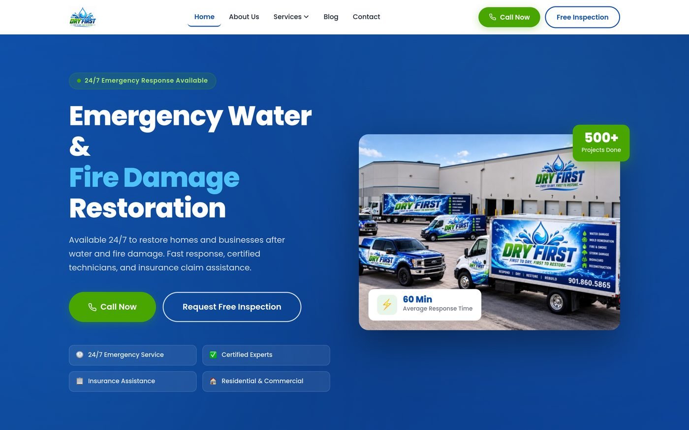 The Dry First website homepage — Emergency Water & Fire Damage Restoration