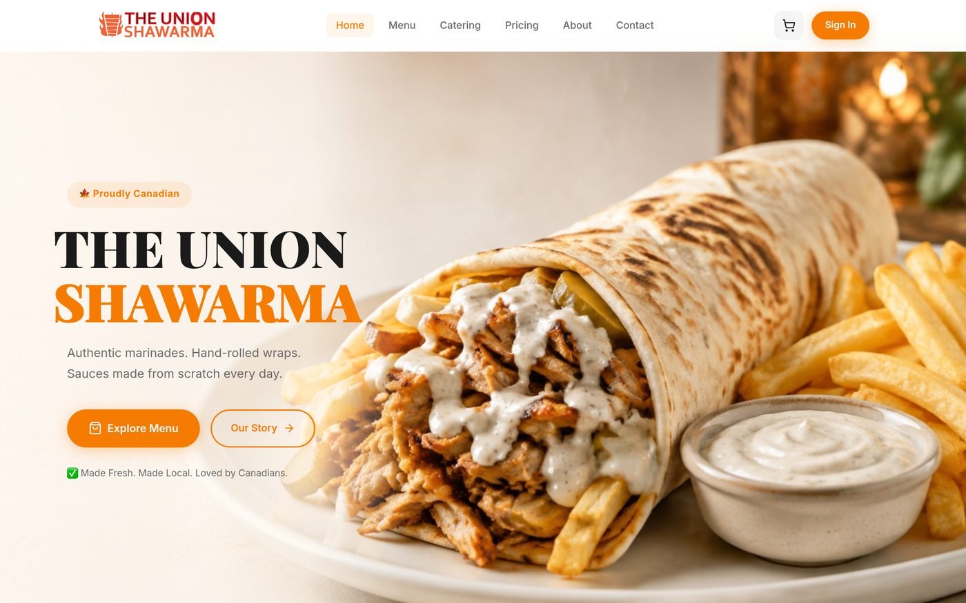 The Union Shawarma restaurant website homepage — authentic marinades, hand-rolled wraps