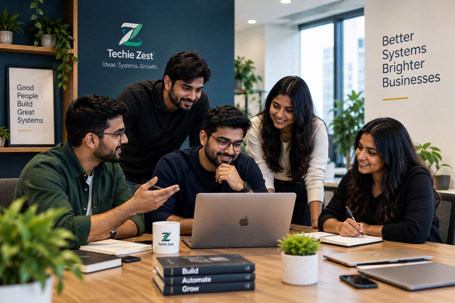 The Techie Zest team collaborating on client projects in their workspace